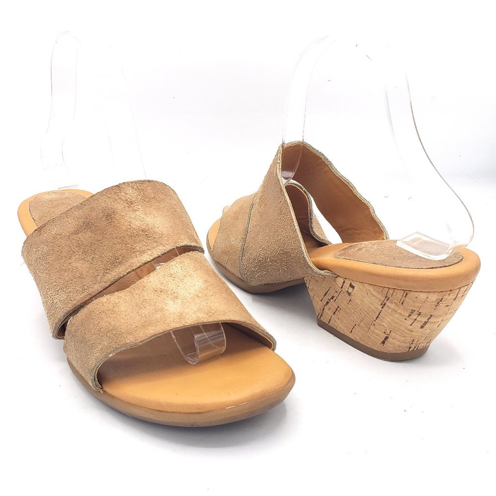 Kork Ease Slide Sandals Tan Suede Straps Slip On Cork Block Heel 8